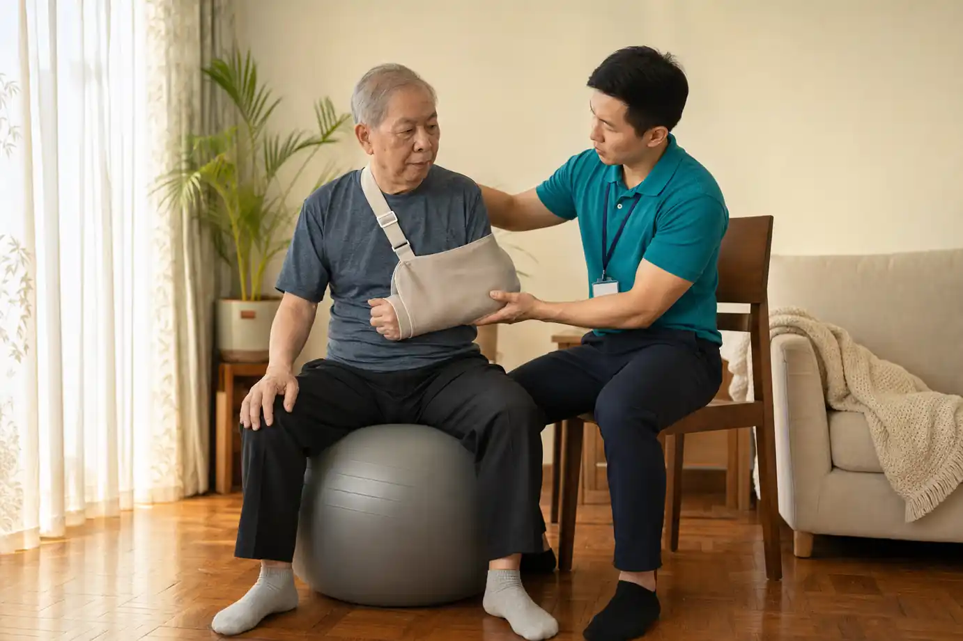 男物理治療師上門為中風長者進行一對一復康訓練,患側手以吊帶承托、坐瑜珈球做平衡訓練
